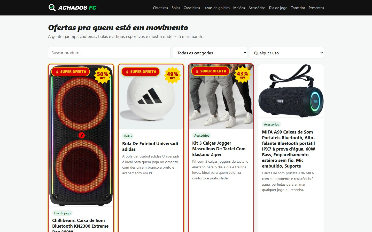 Catálogo de ofertas de artigos esportivos com selos de super oferta
