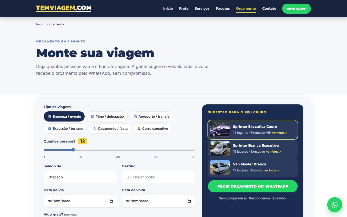 Página Monte sua viagem, com sugestão de veículo conforme o número de passageiros