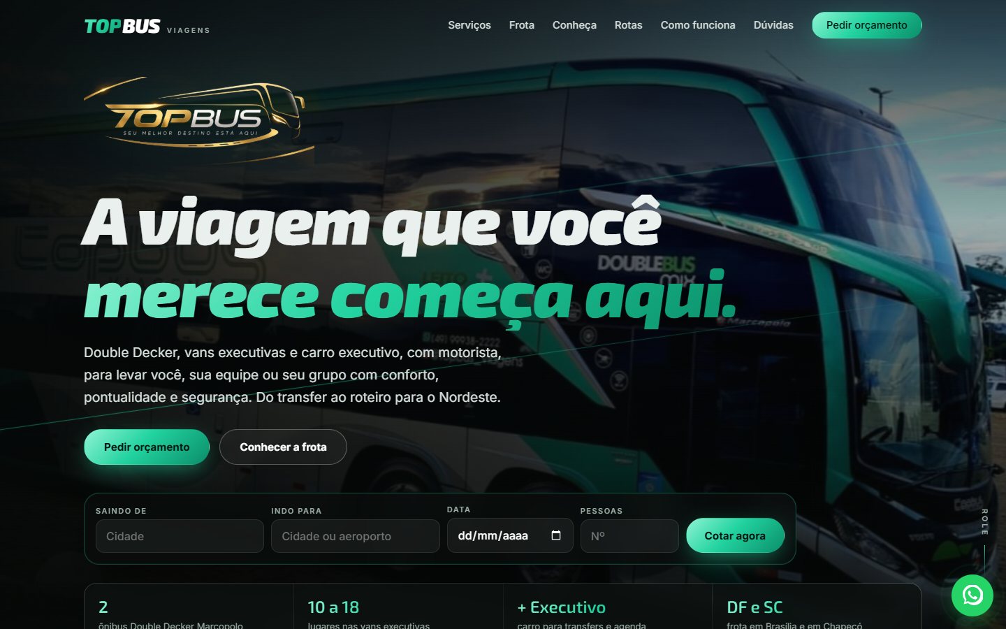 Site de agência de viagens com ônibus Double Decker e pedido de orçamento
